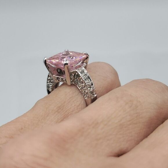 Vintage Sterling Silver Pink Sapphire CZ Princess Cut With Heart Pendant Sz 6 - Picture 6 of 17